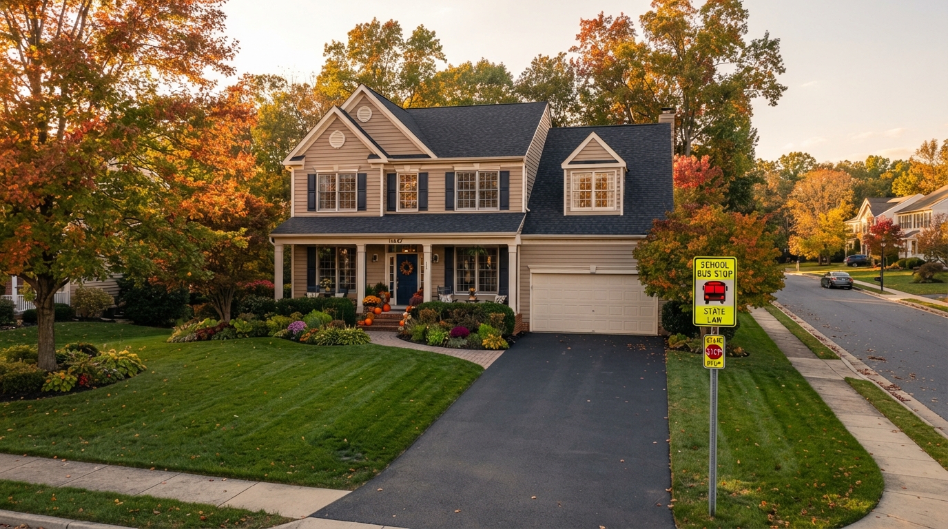 Colonial-style single-family home in suburban Maryland with a school bus stop sign visible at the end of the driveway in autumn