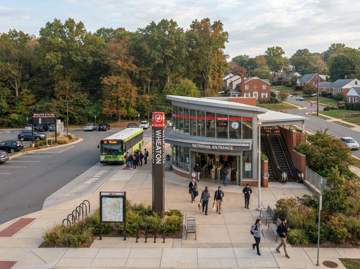 Wheaton Metro station entrance in suburban Maryland with parking lot, bus bay, and commuters in early morning light
