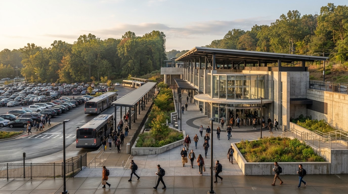 Suburban Maryland Metro station entrance with parking lot and bus bay in early morning light