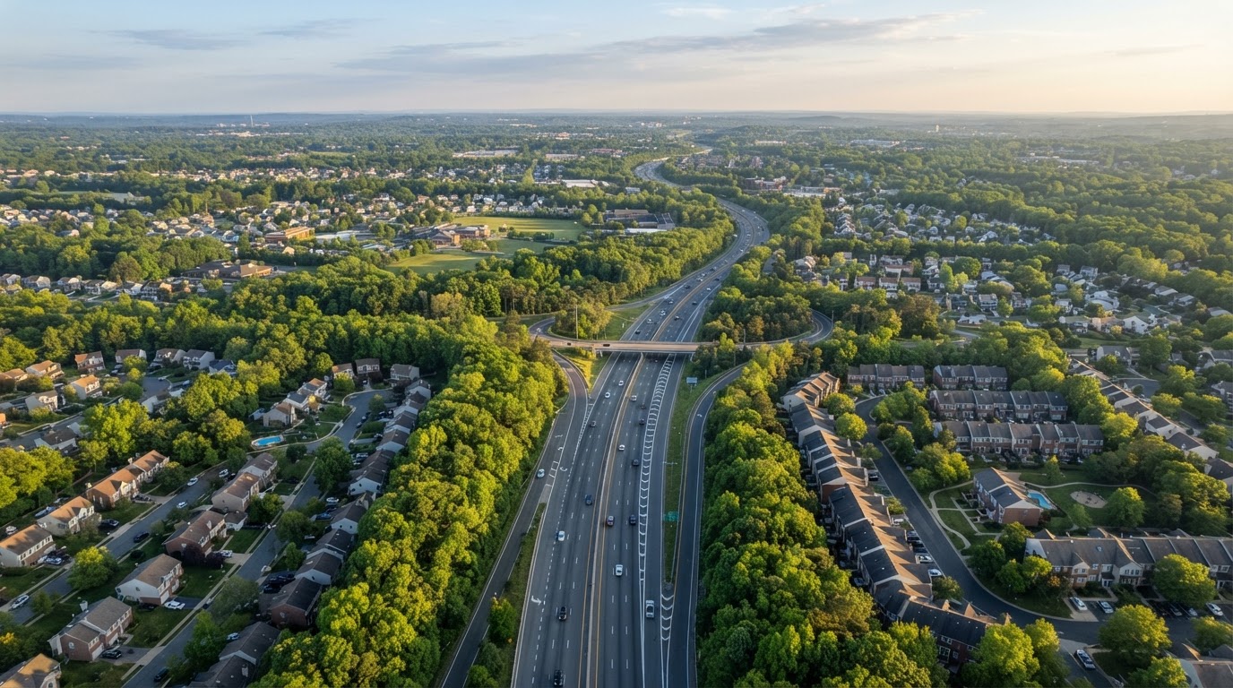 Aerial view of the Route 29 corridor in suburban Maryland showing the highway and surrounding residential neighborhoods