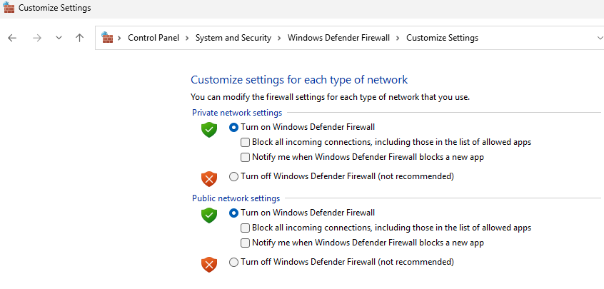 Windows Firewall Settings Interface