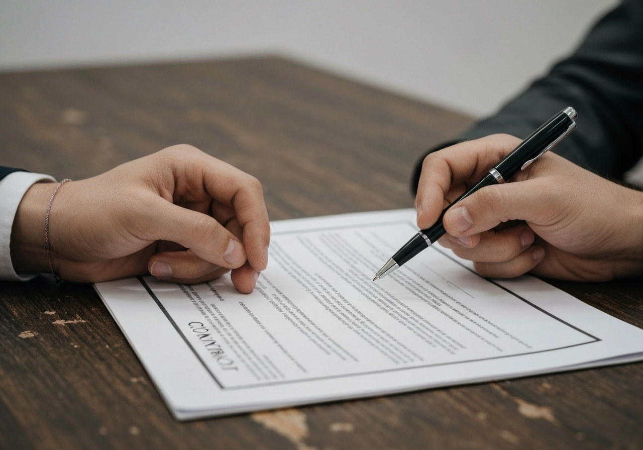Close up of hands reviewing a contract with a pen on a wooden desk