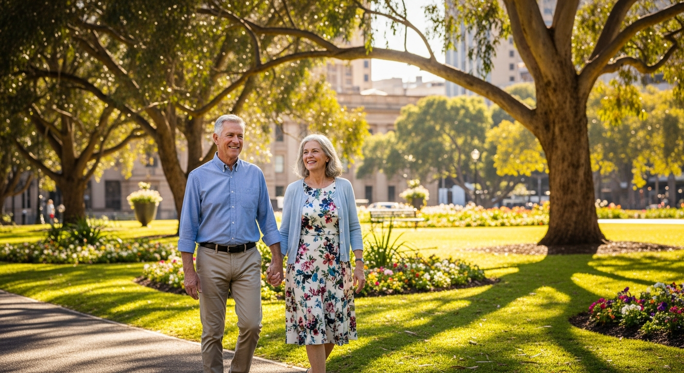Happy elderly couple walking in an Adelaide park