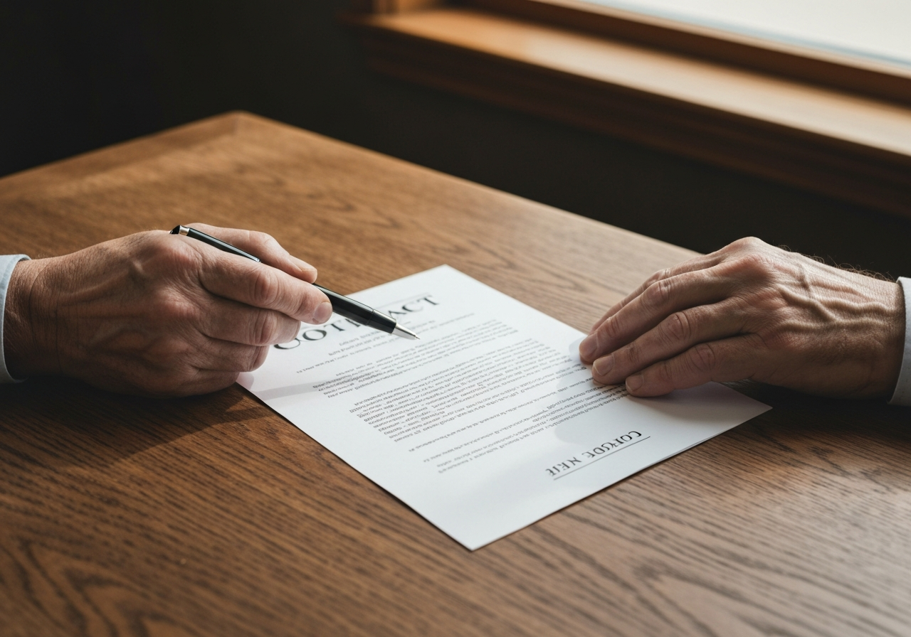 Close up of hands reviewing a legal document with a pen on a wooden desk