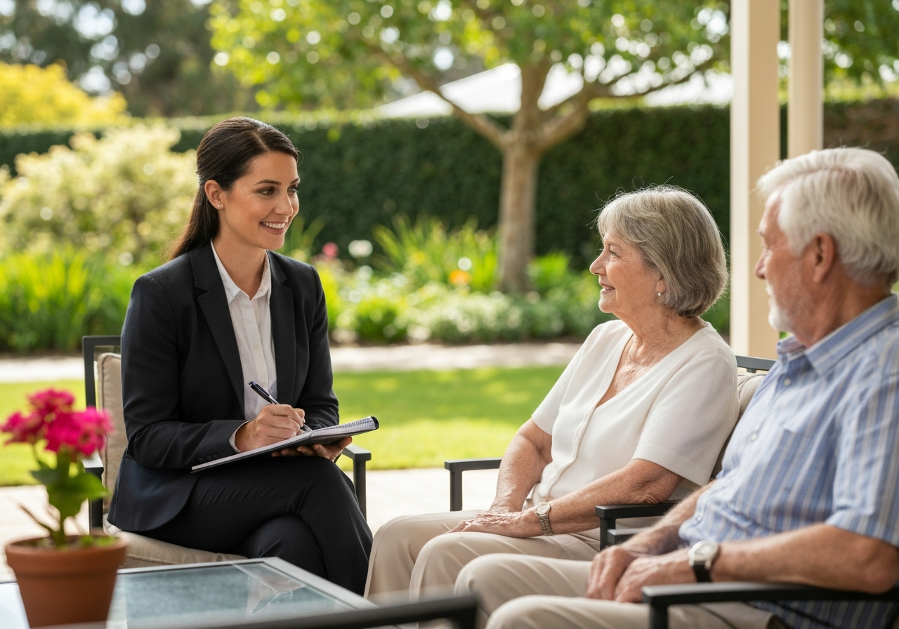 South Australian retirement village inspection, professional advisor taking notes with an elderly couple