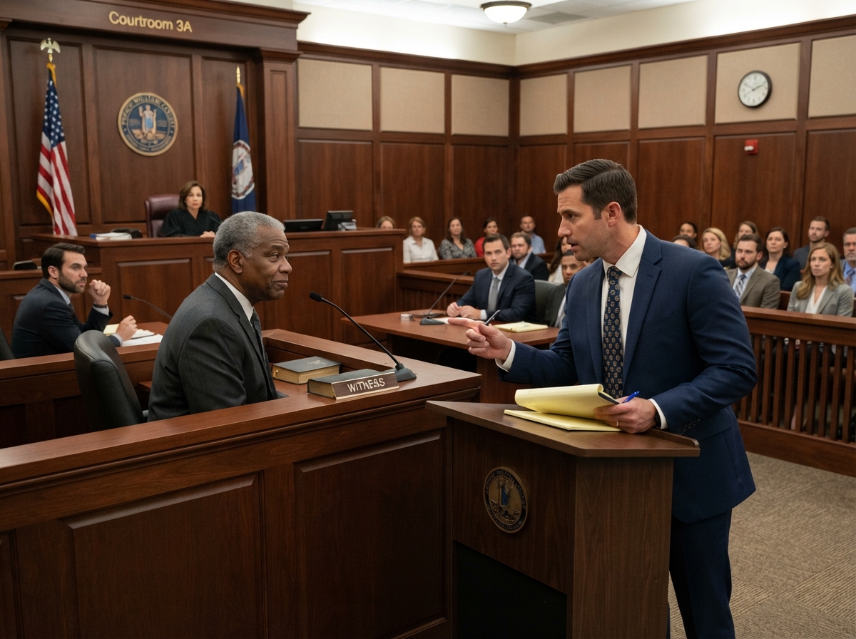 Attorney Johnson cross-examining a witness in Prince William County courtroom during a DUI defense trial