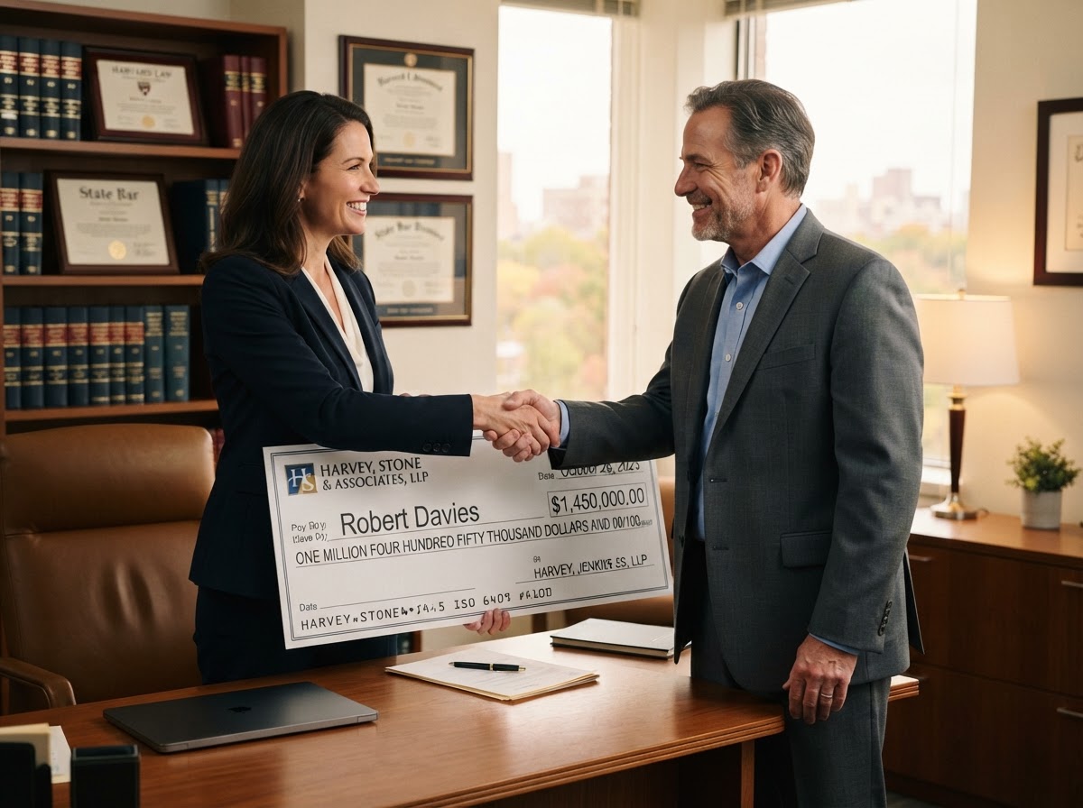 Attorney Johnson presenting a settlement check to a satisfied client at Johnson Law Firm