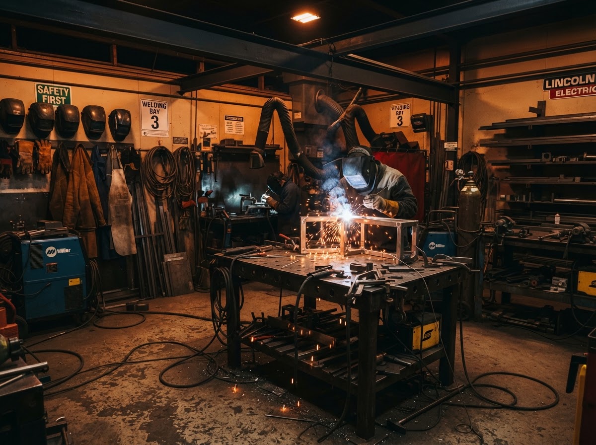 Postazione e Banco Lavoro Officina — Prefabbricazione: Predisposizione pezzi in officina prima del trasporto e montaggio on-site.