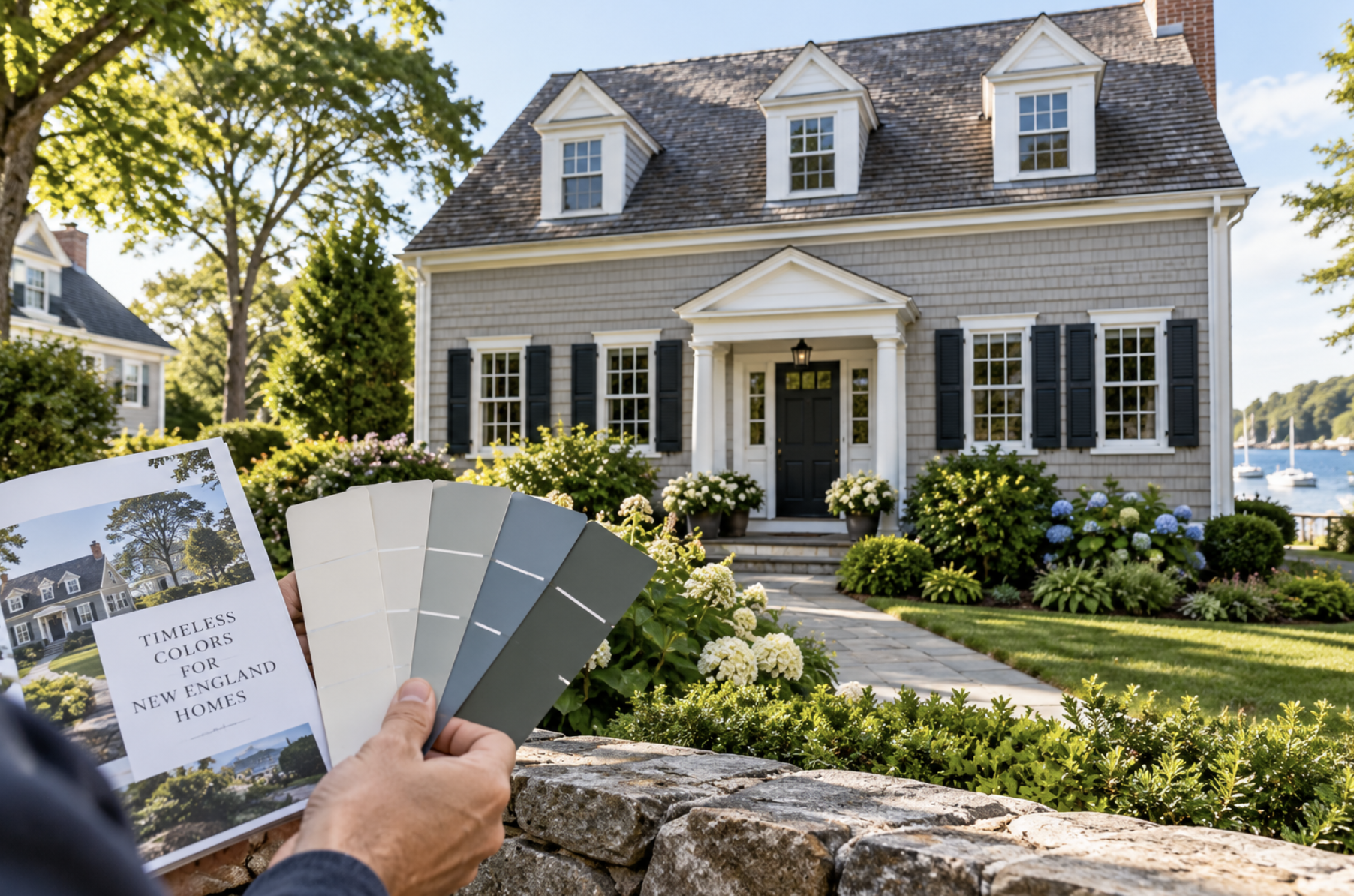New England home with coordinated exterior siding, trim, and accent colors.