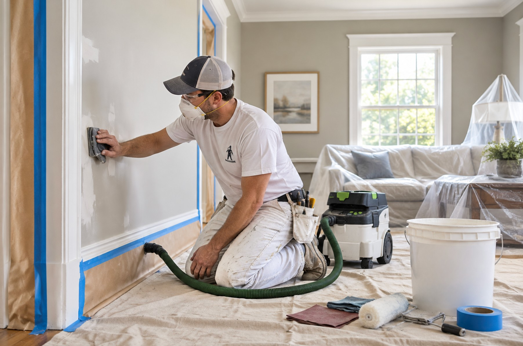 Professional painter preparing a residential surface before painting.