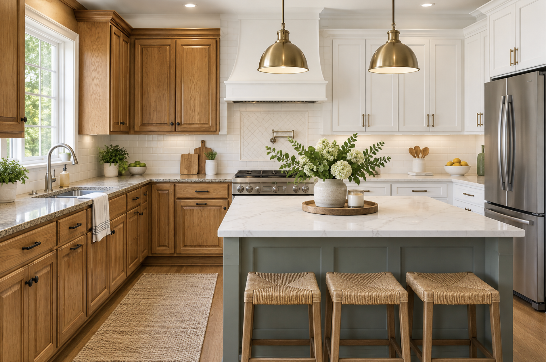 Kitchen with professionally painted cabinets and updated hardware.