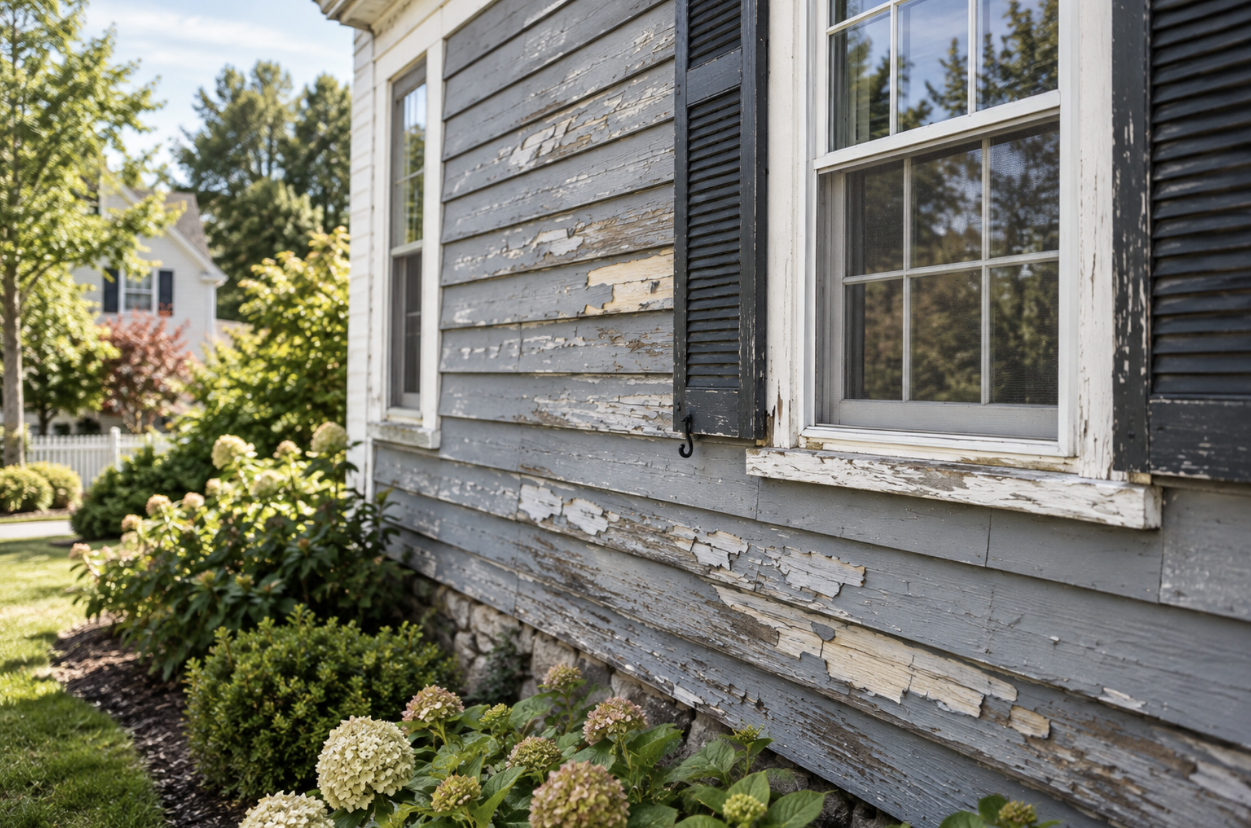 Weathered exterior siding showing signs that repainting may be needed.