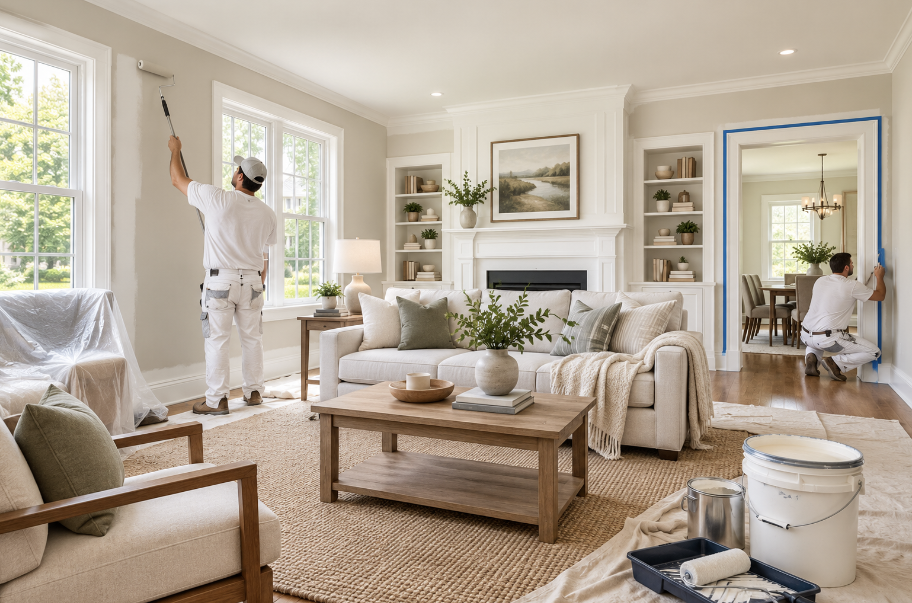 Staged living room with freshly painted neutral interior walls.