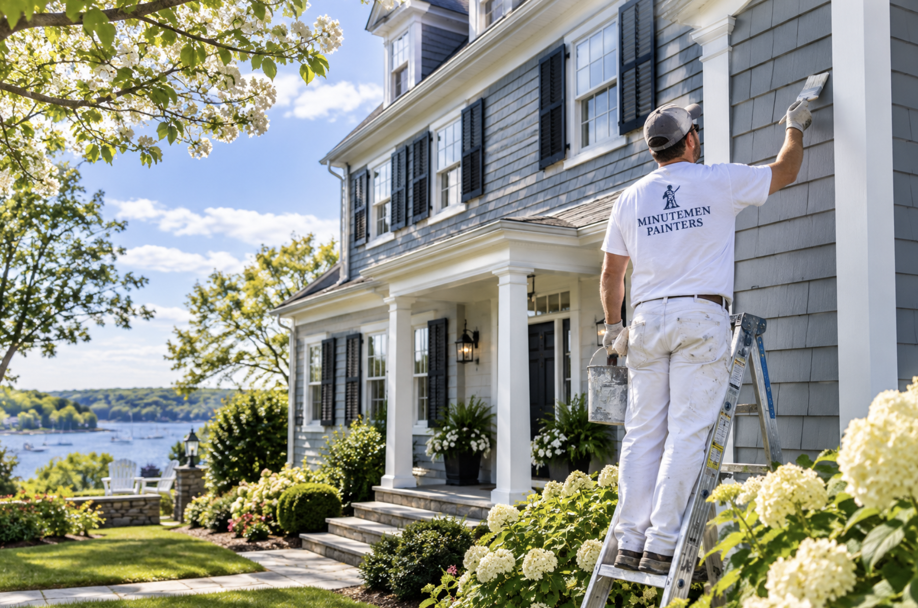 Painter working on a New England home exterior in mild weather.