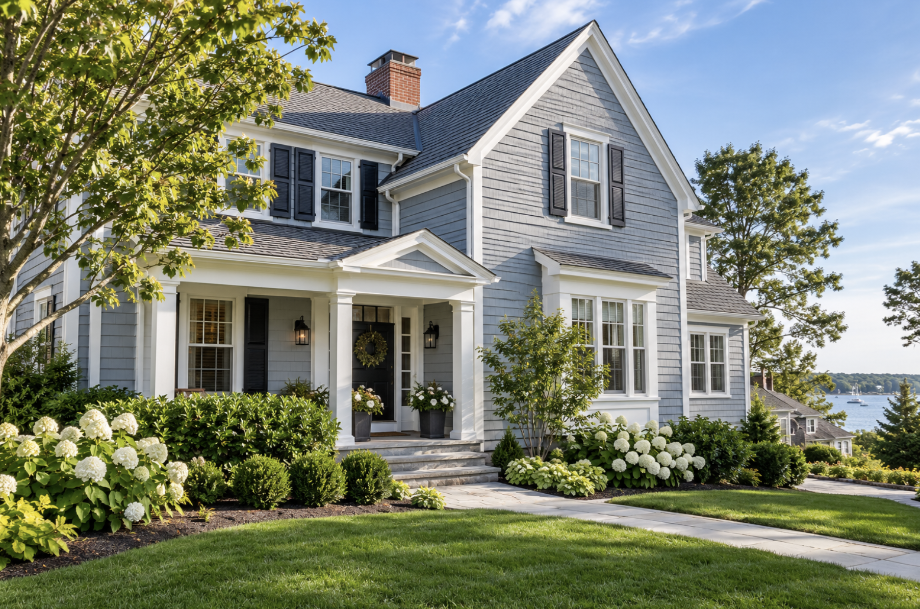 Freshly painted New England home exterior with siding and trim.