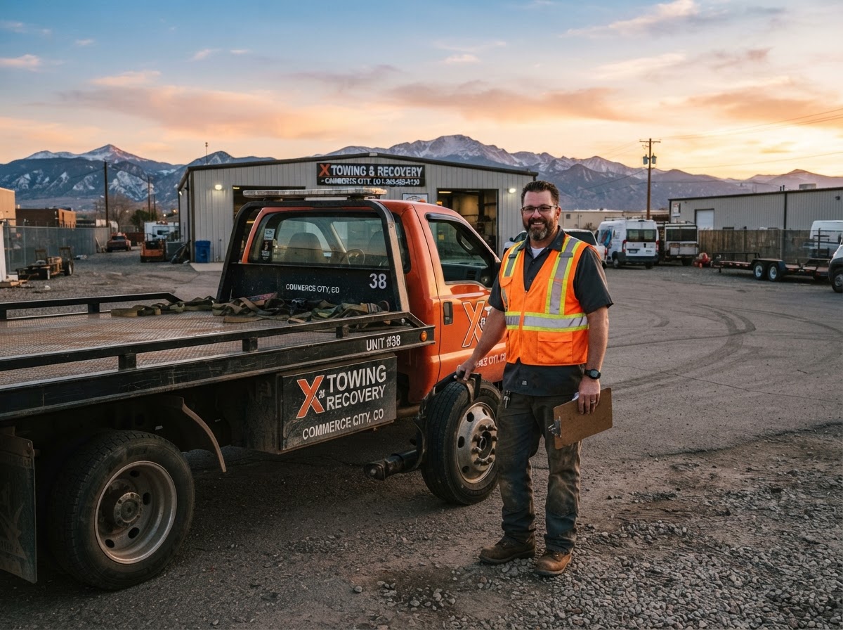 X Towing & Recovery operator with flatbed tow truck at shop in Commerce City, Colorado