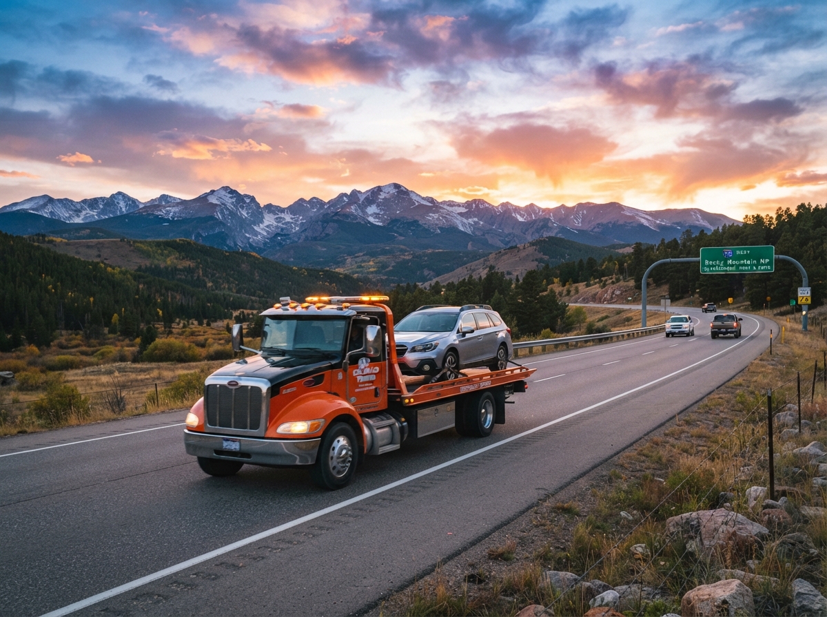 X Towing & Recovery flatbed tow truck hauling a sedan on a Colorado highway near Commerce City