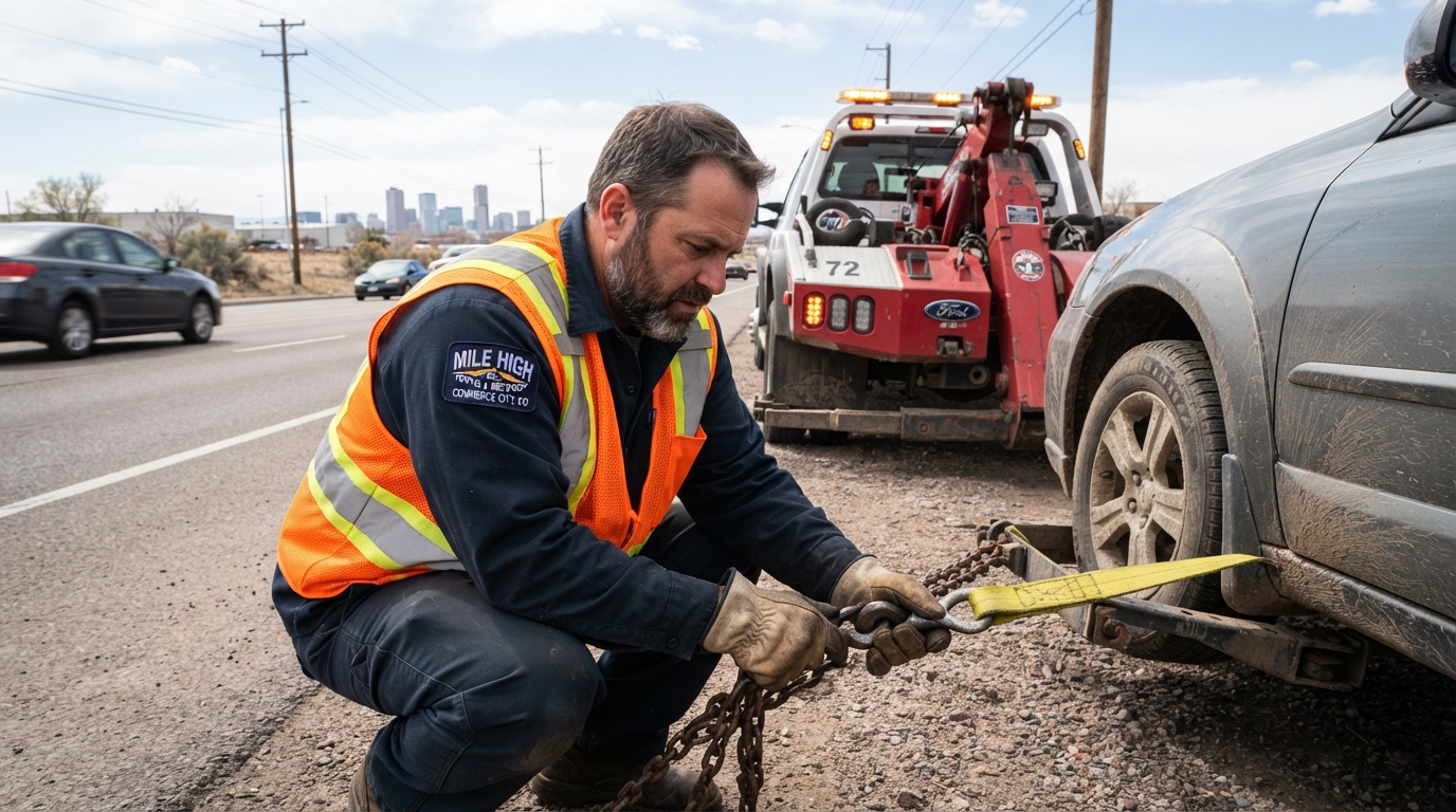 X Towing & Recovery driver hooking up chains to a disabled vehicle for towing in Commerce City, CO
