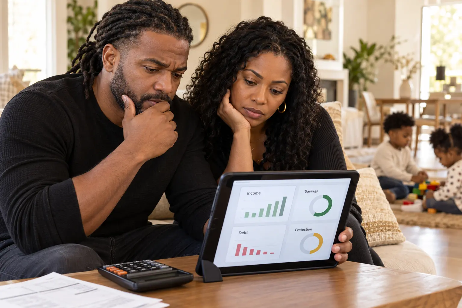 Parents reviewing their financial picture on a tablet with their children nearby