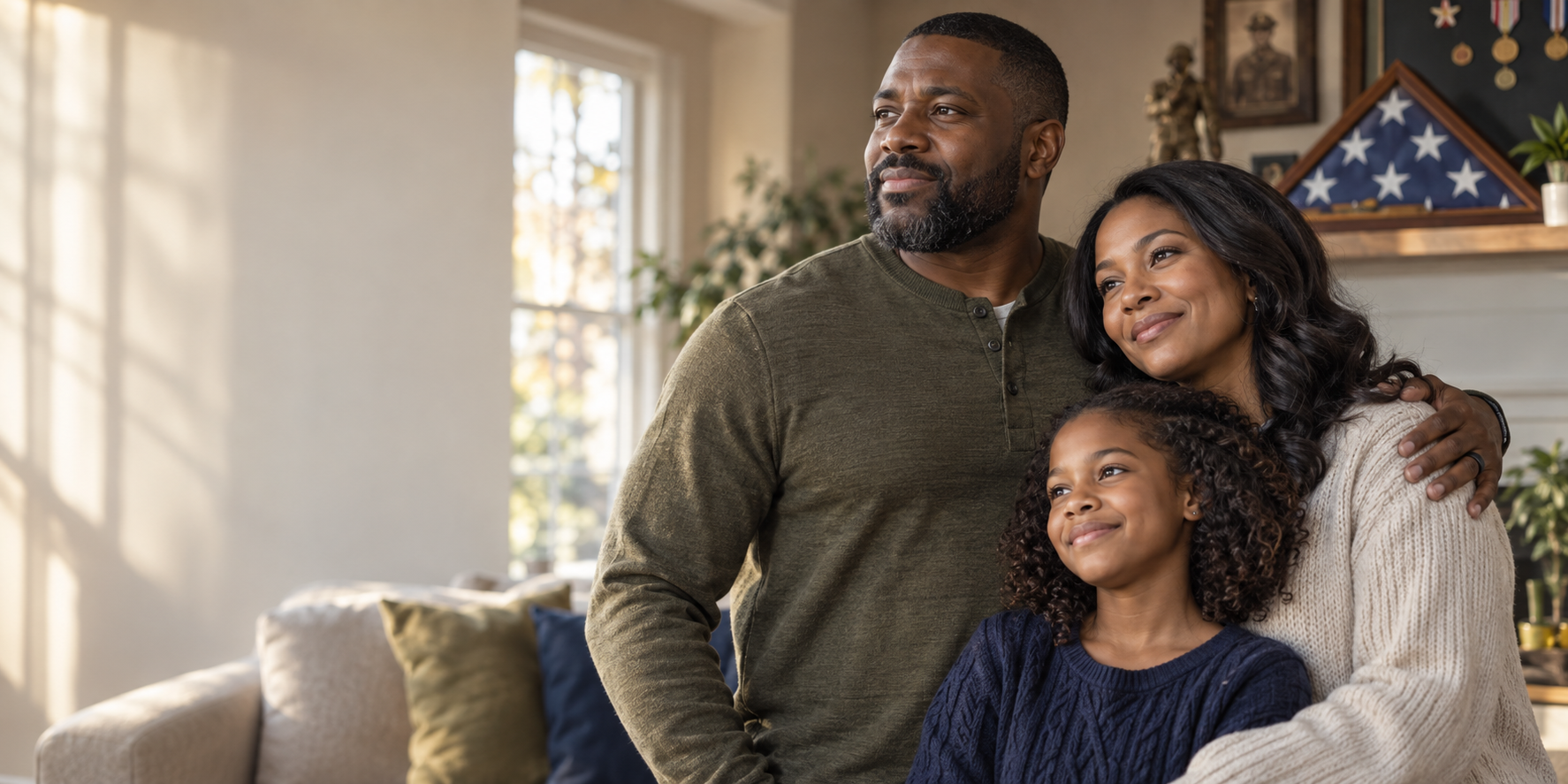 Army veteran with his wife and daughter at home beside a folded American flag display