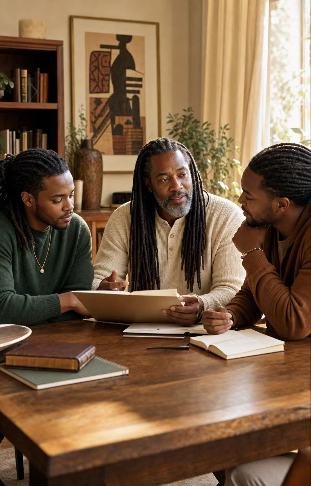 Black father with long locs discussing a retirement and legacy plan with his sons.