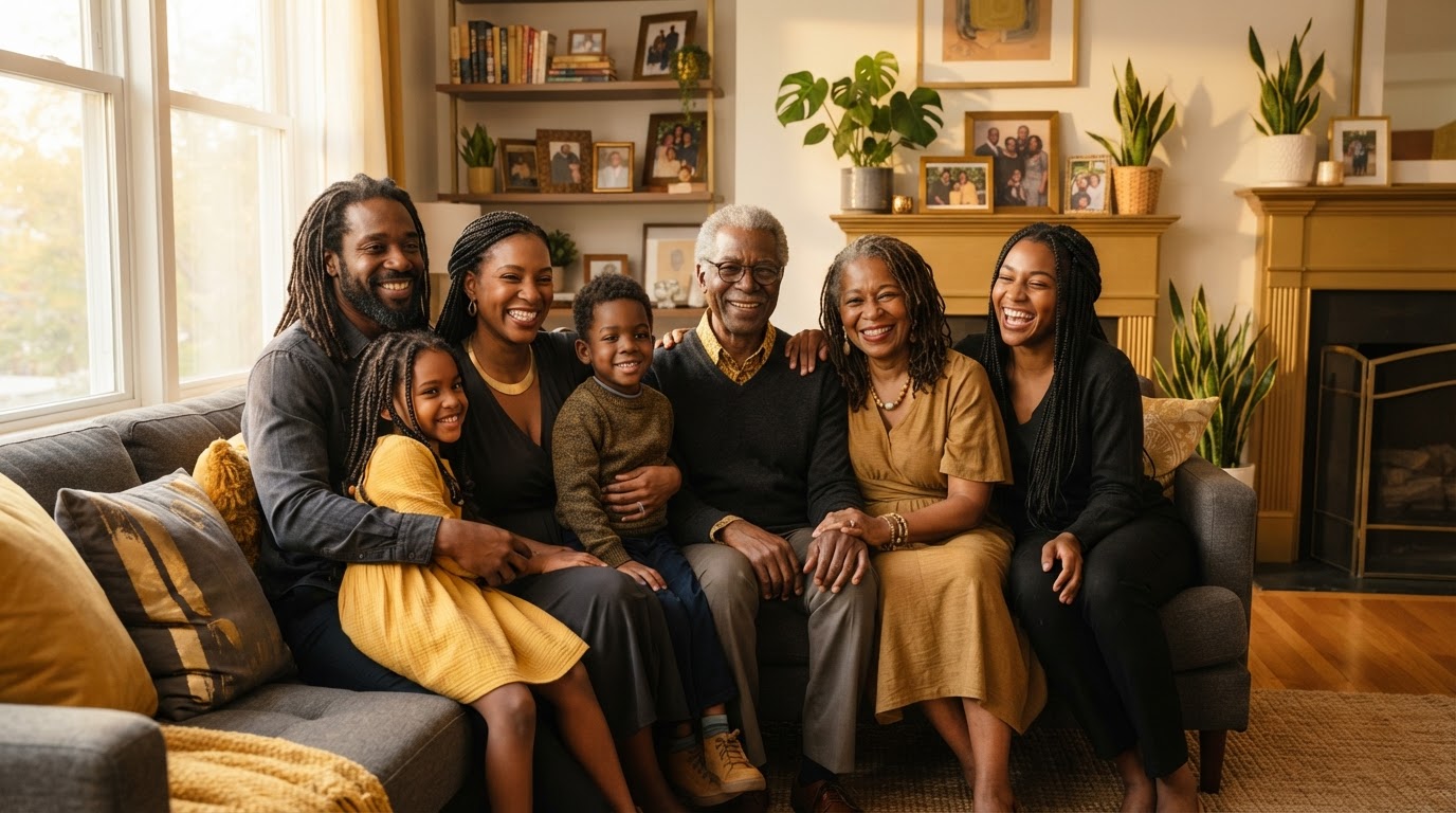 Three generations of a Black family together, representing legacy and protection