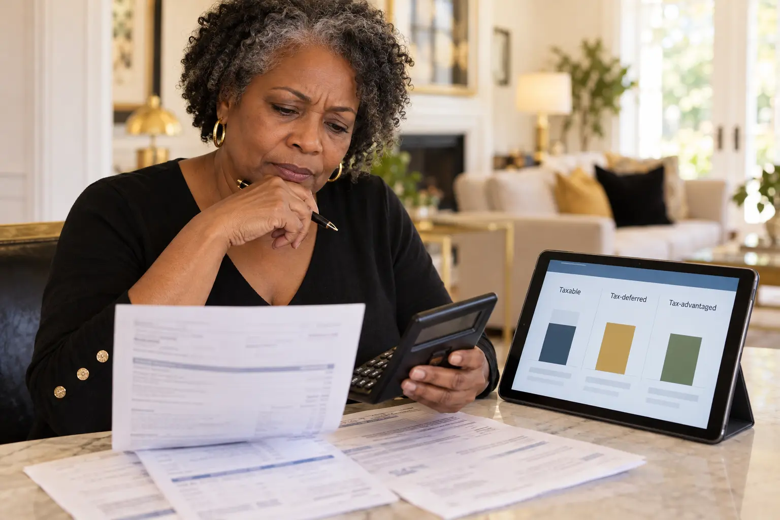 A woman comparing retirement withdrawals and taxes with a calculator