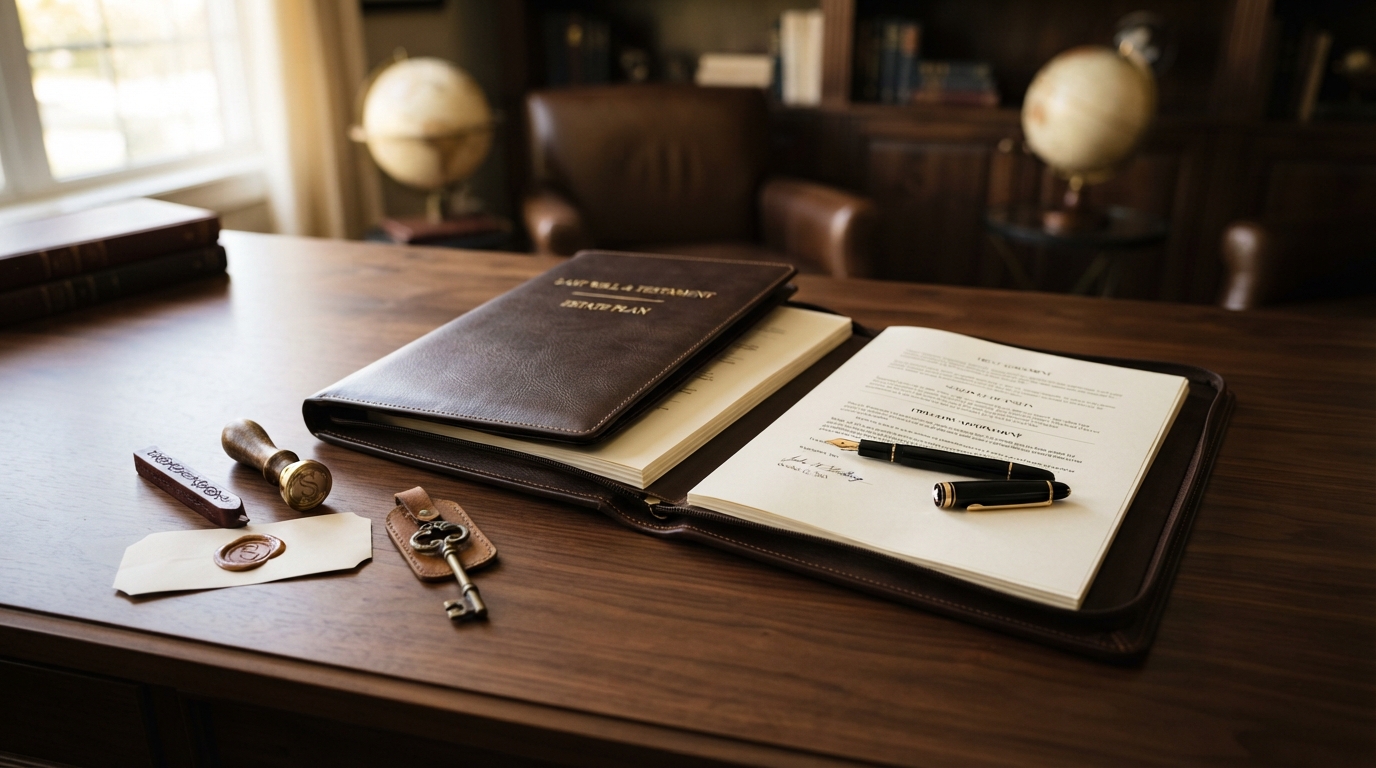 Estate planning documents, trust binder, and fountain pen on a walnut desk