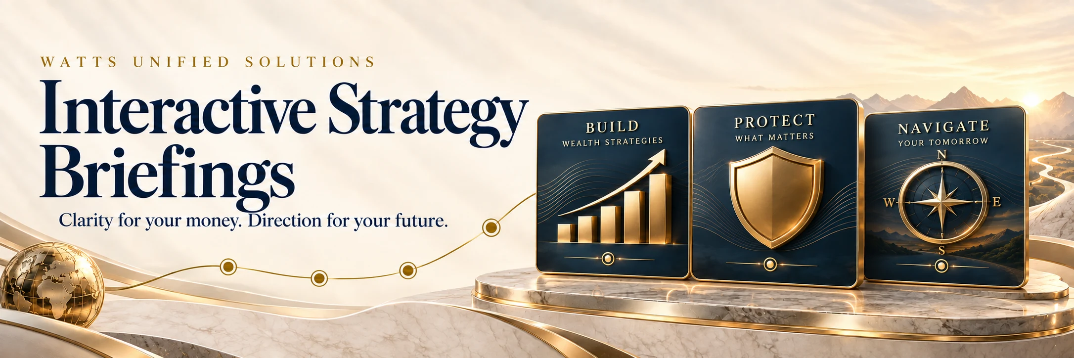 Interactive Strategy Briefings. Clarity for your money. Direction for your future. Navy and gold graphics representing growth, protection, and planning.