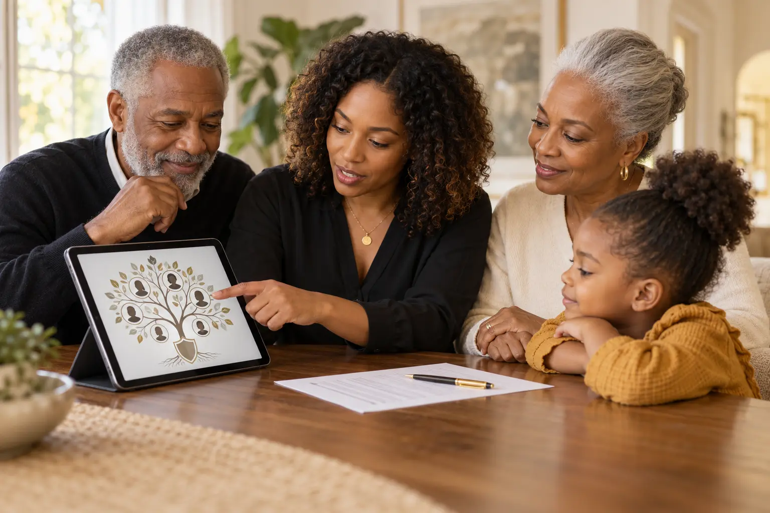 Grandparents and their daughter reviewing a family legacy plan together