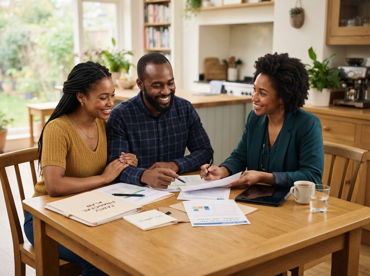 Black couple reviewing estate planning documents with a financial specialist