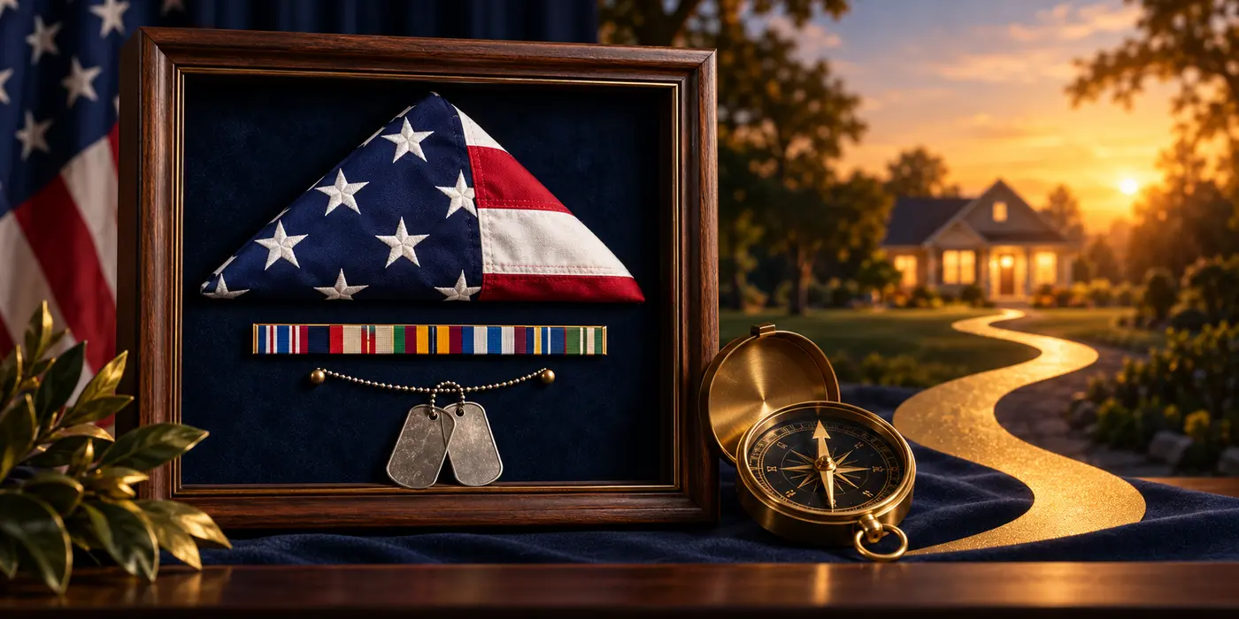 Folded flag, dog tags, compass, and illuminated path toward a home symbolizing retirement direction