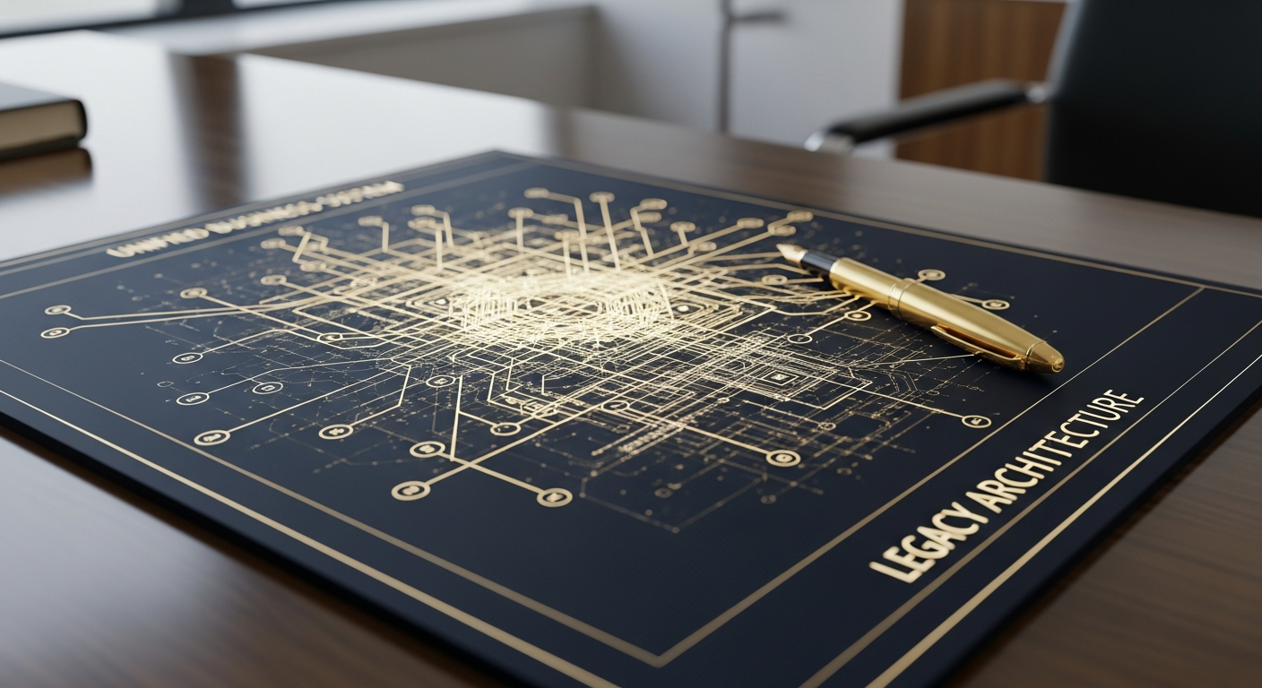 The Architecture of Your Legacy blueprint with gold Watts Unified Solutions eagle crest and fountain pen
