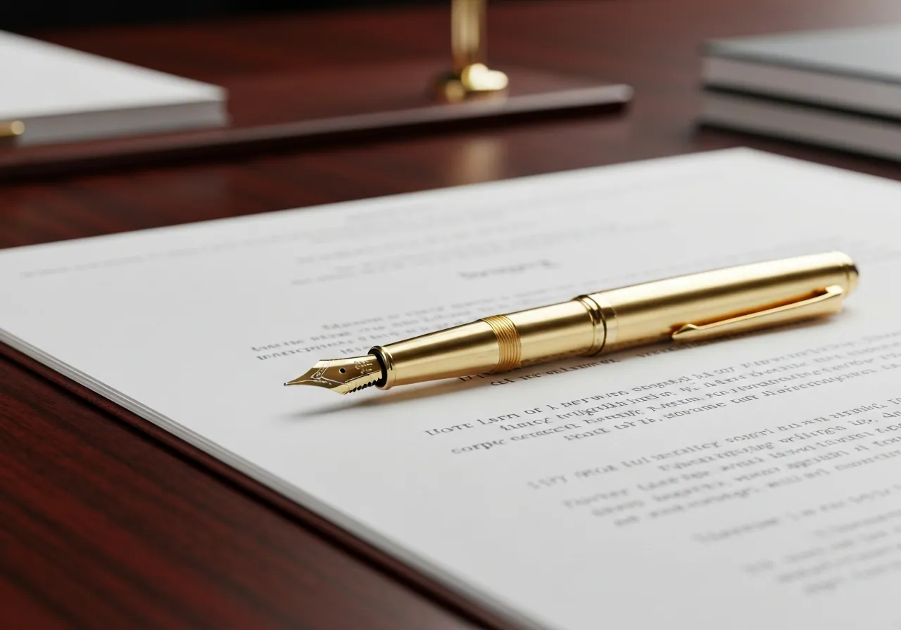 Gold pen resting on estate and legal planning documents.