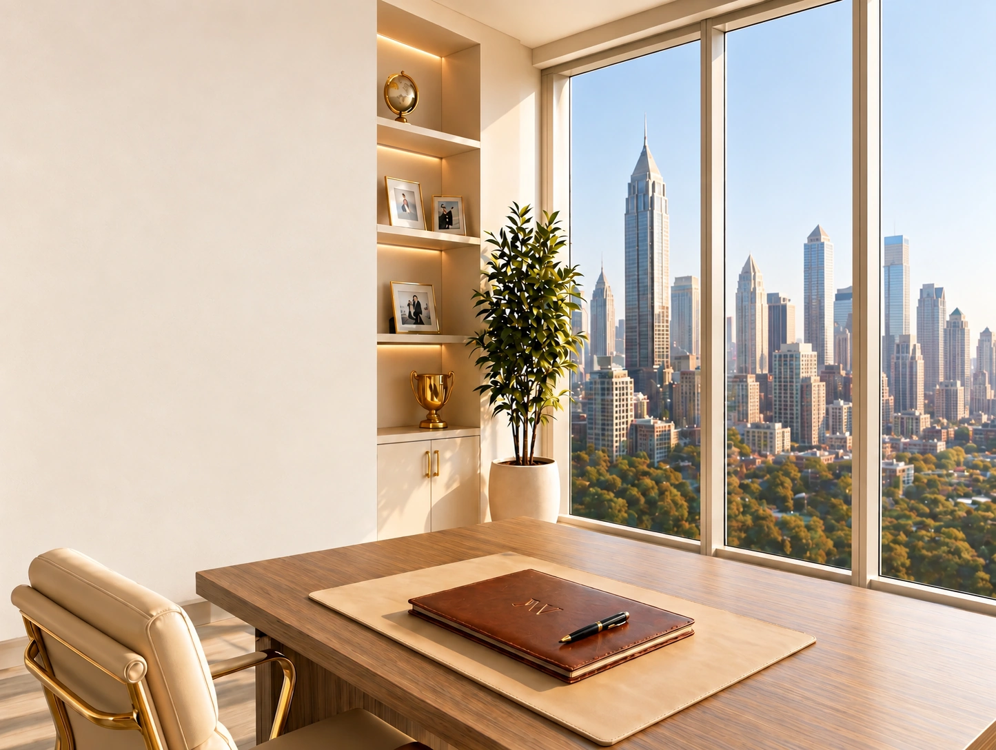 A welcoming professional office with natural light and a city view