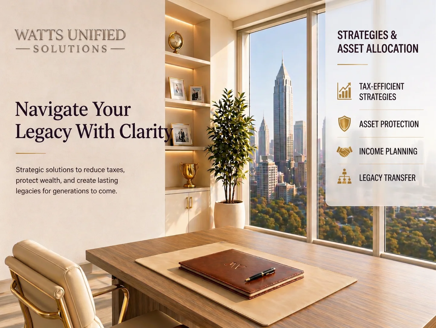 Watts Unified Solutions strategy office presenting tax-efficient planning, asset protection, income planning, and legacy transfer