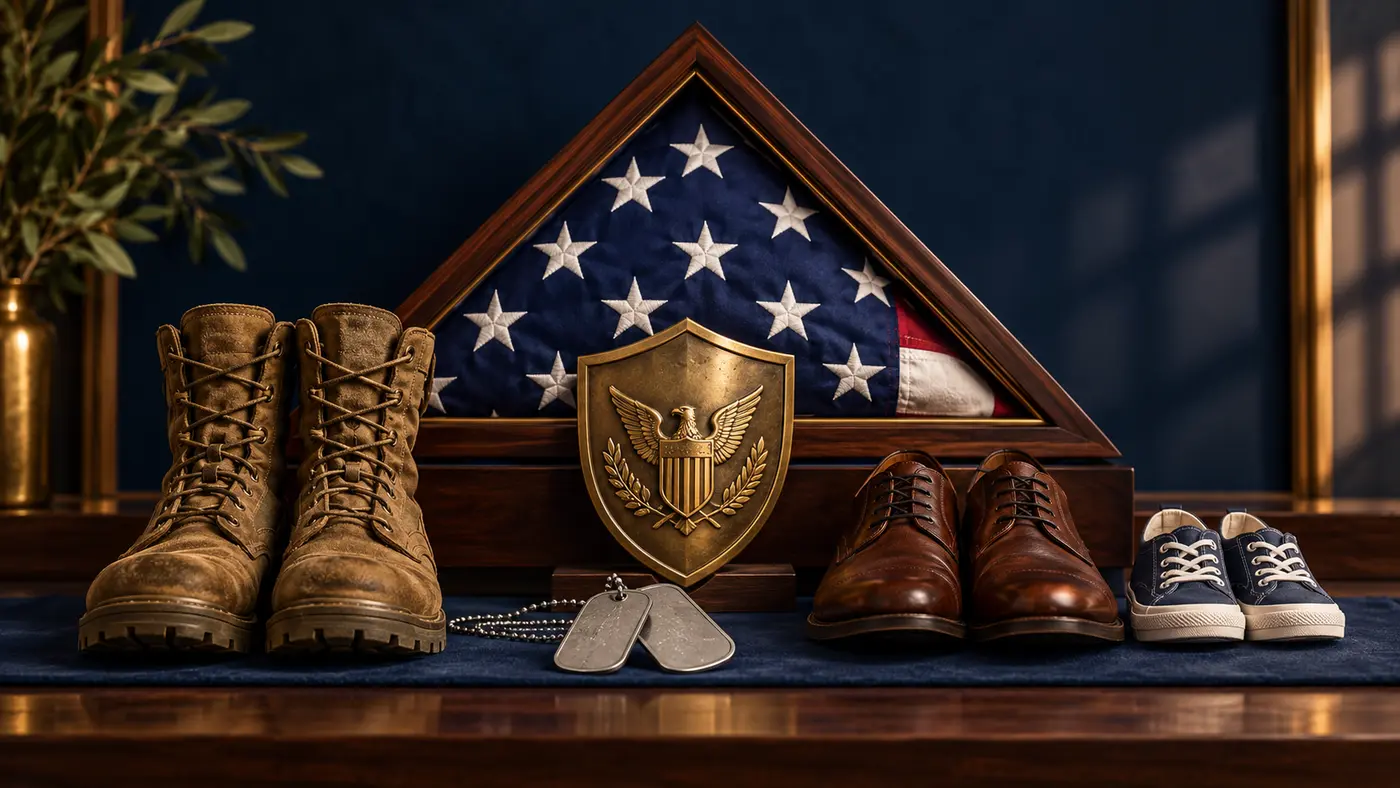 Folded flag, military boots, family shoes, dog tags, and a shield symbolizing protection beyond service