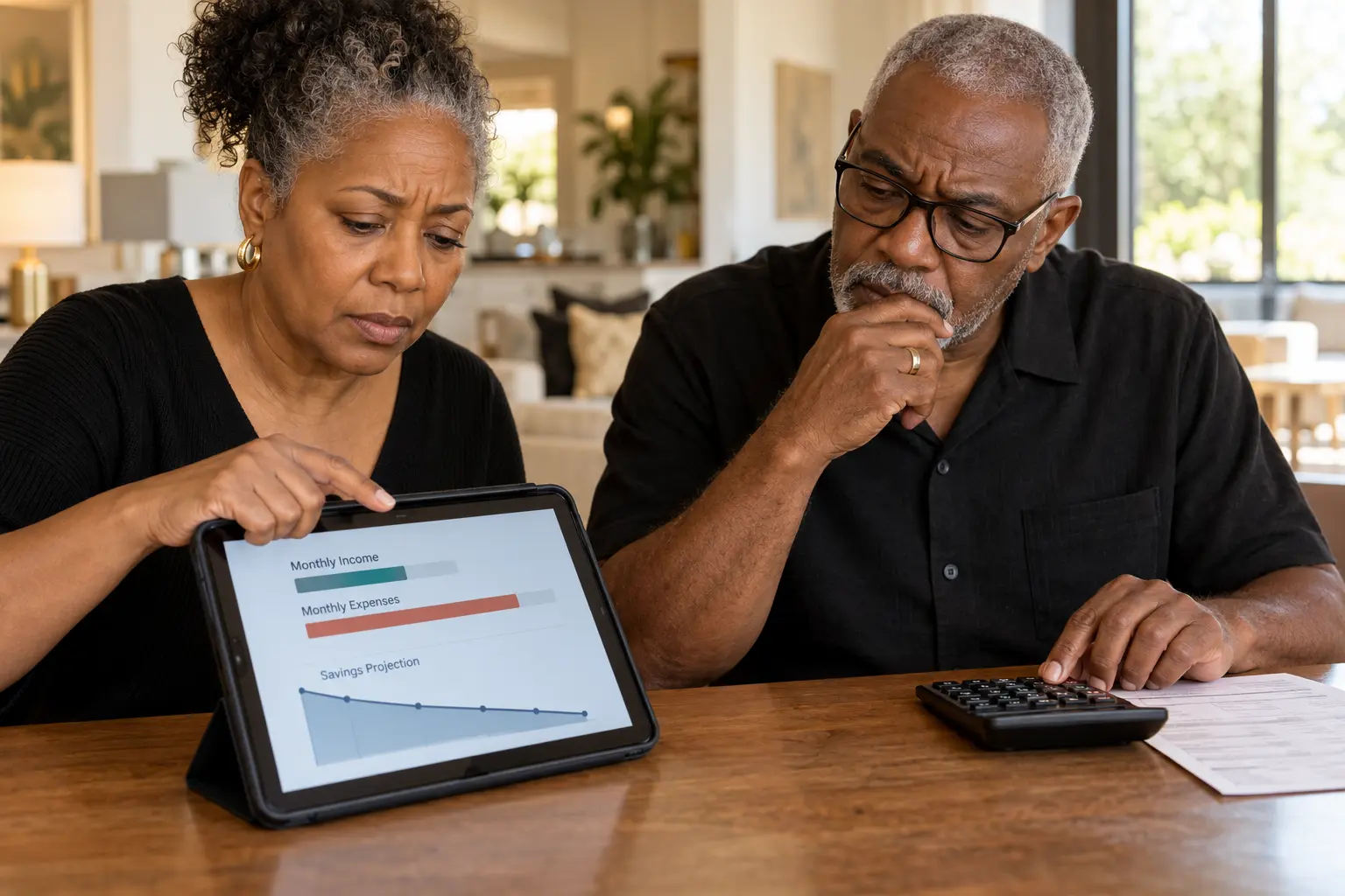 A couple comparing retirement income and monthly bills using a calculator and tablet.