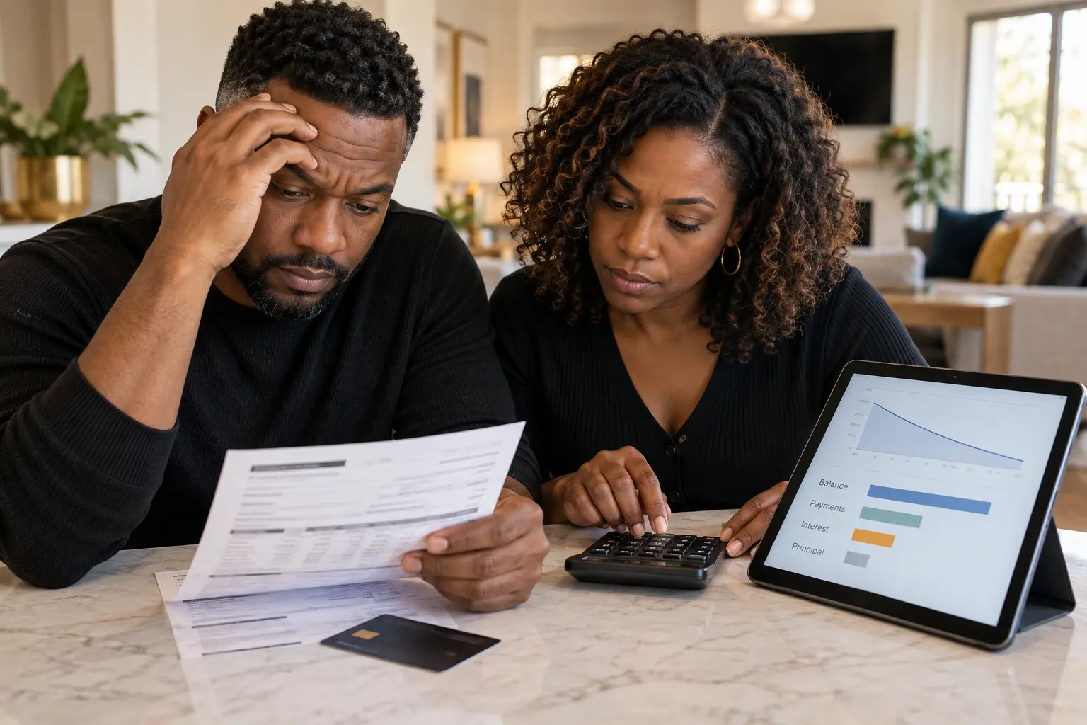 A couple reviewing a credit-card bill with a calculator and payoff screen