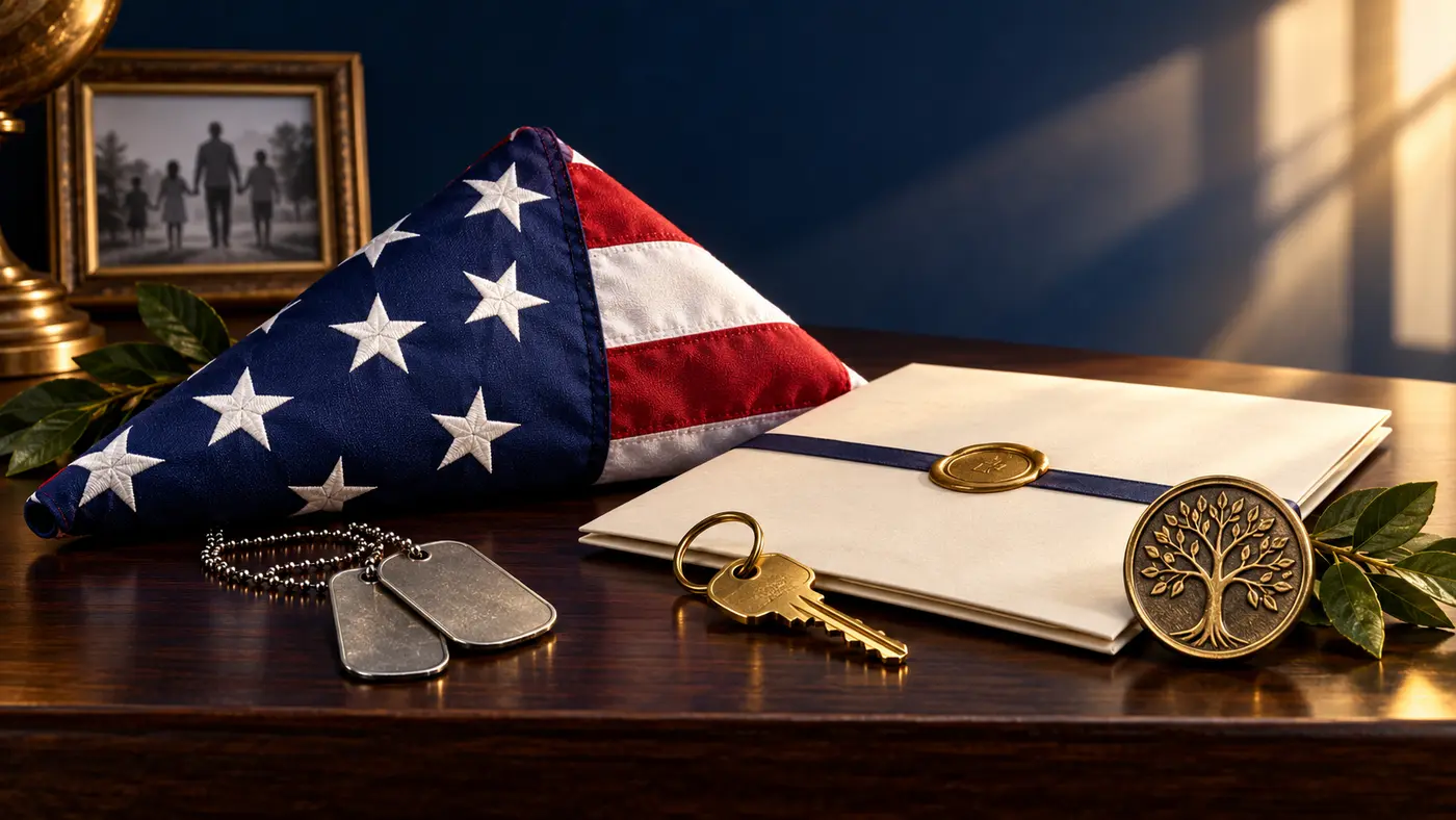 Folded flag, dog tags, house key, sealed documents, and family tree symbolizing an organized legacy