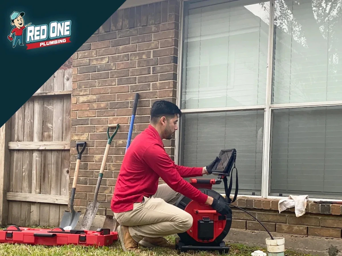 Red One Plumbing technician performing a sewer camera inspection in Pearland TX