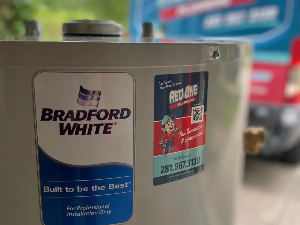 Bradford White tank water heater repair by Red One Plumbing in Pearland TX