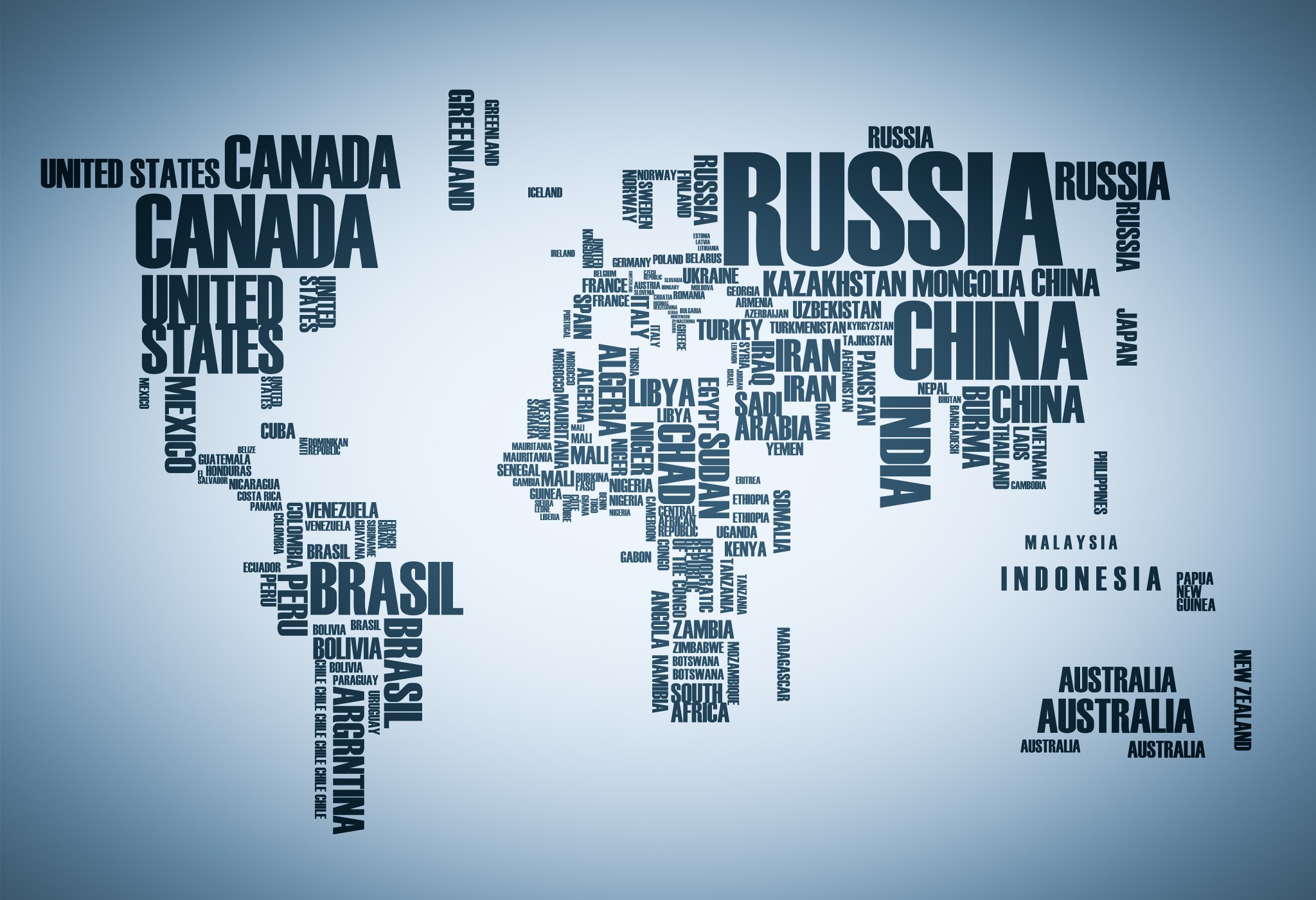 World map countries in wordcloud