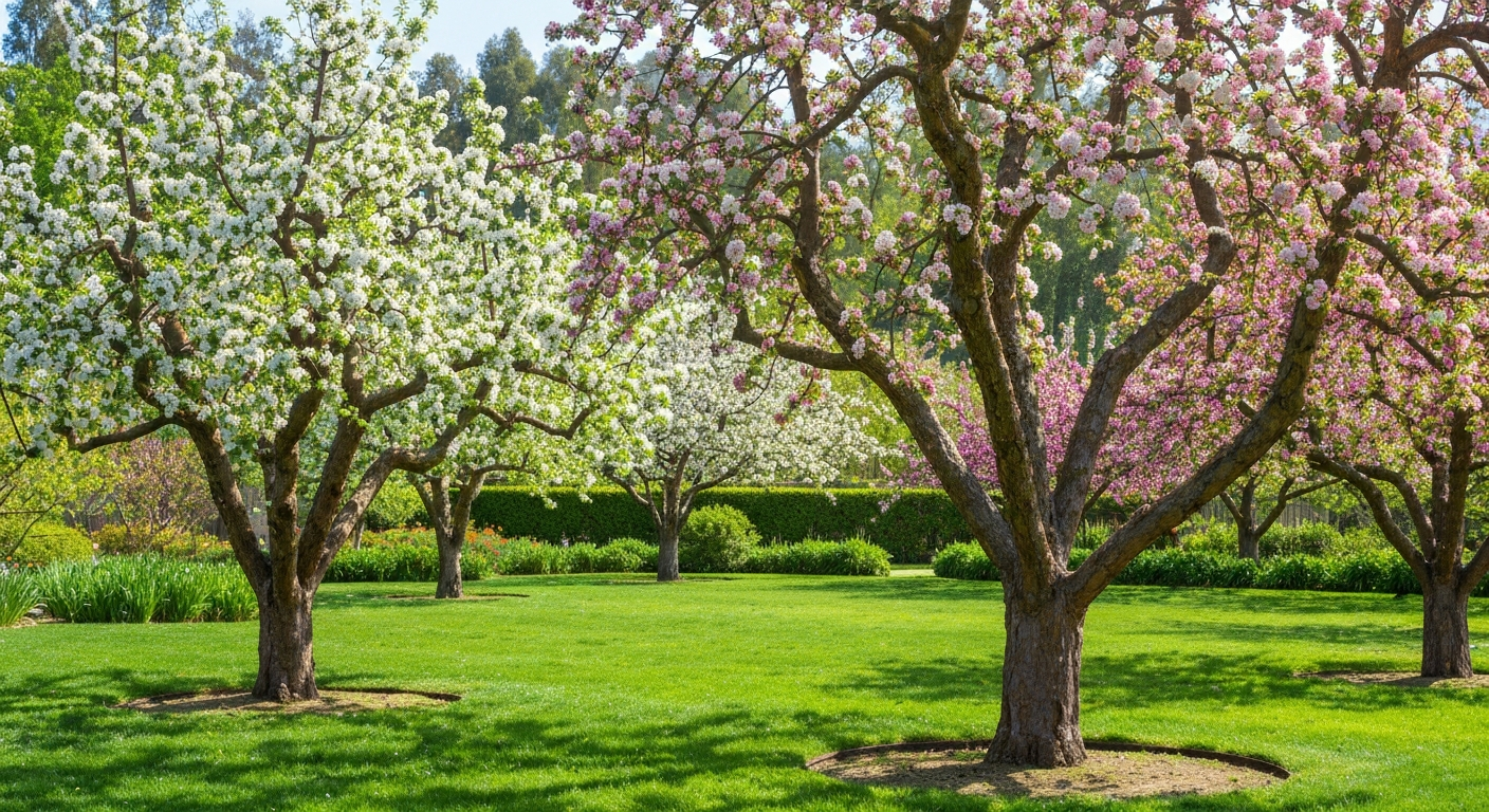 Backyard orchard with fruit trees in bloom in Southern California