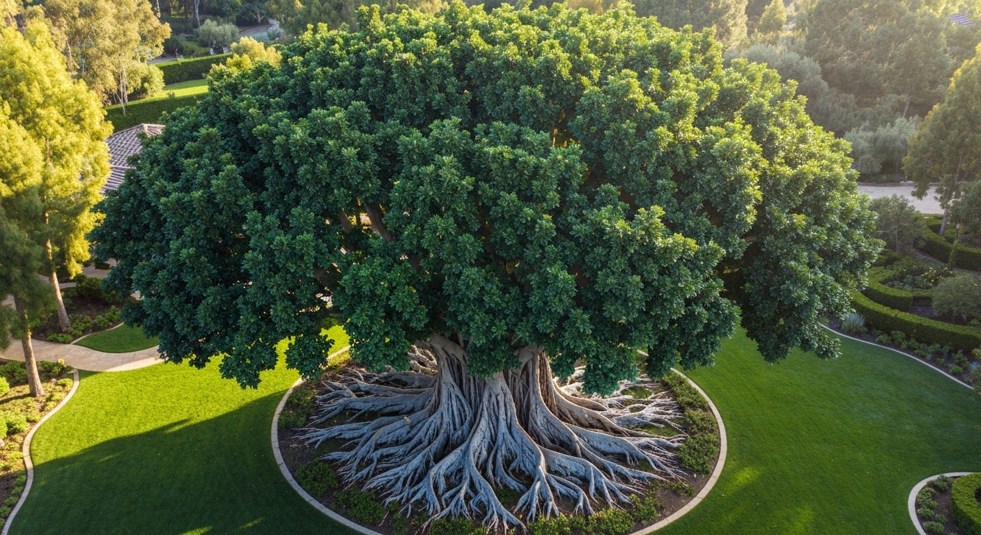 Large Ficus tree with massive canopy and surface roots in Southern California
