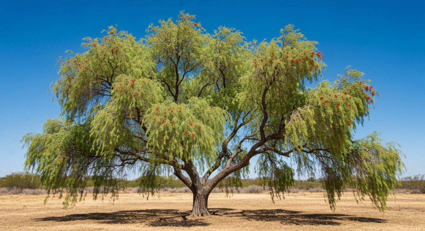 California Pepper Tree with graceful weeping branches and red berries