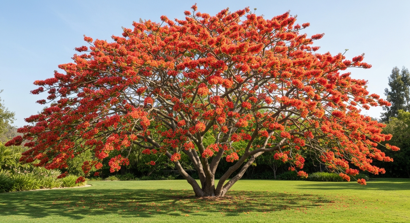 Coral Tree in full bloom with brilliant red-orange flowers