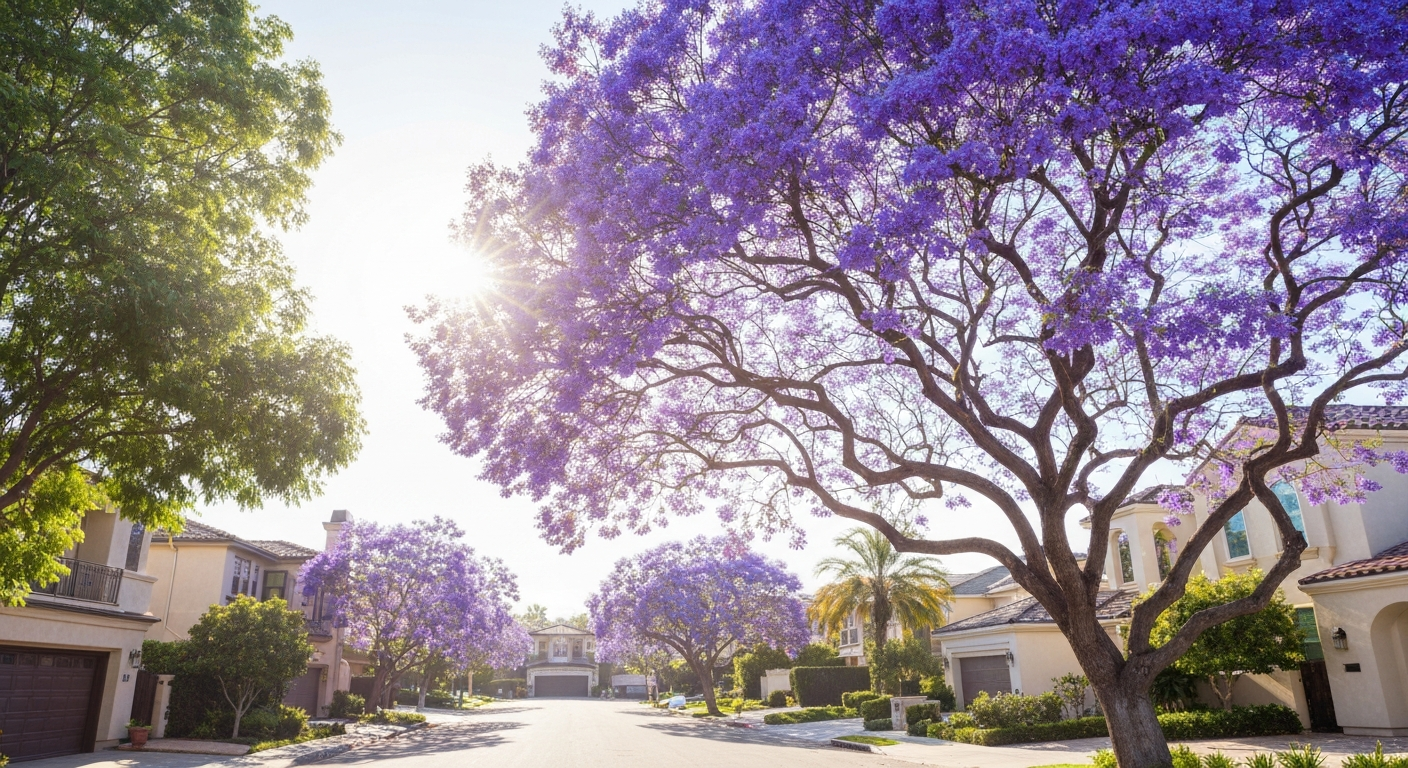 Jacaranda tree in full purple bloom in Southern California