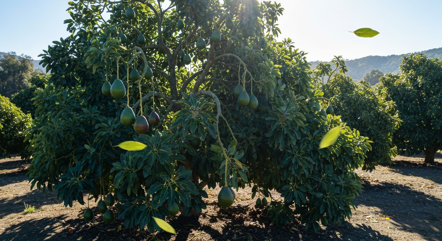 Mature avocado tree with dense canopy full of avocados in Southern California