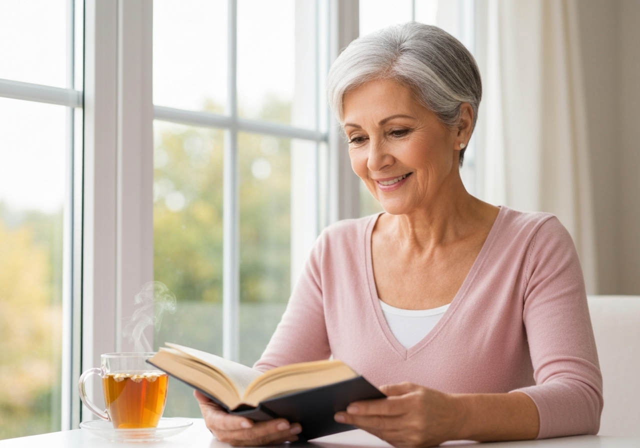 Smiling older woman enjoying a book